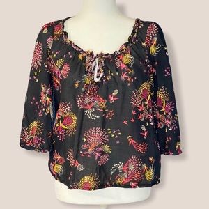 Lilka Anthropologie Black Bird Print Boho Chic Top